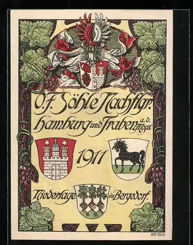 Vertreterkarte Hamburg, O. F. Söhle Nachflgr. Hamburg und Traben an der Mosel, Niederlage in Bergedorf, Wappen