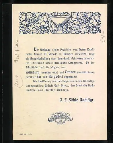 Vertreterkarte Hamburg, O. F. Söhle Nachflgr. Hamburg und Traben an der Mosel, Niederlage in Bergedorf, Wappen