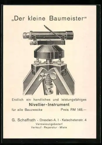 Vertreterkarte Dresden, Nivellier-Instrument, G. Schaffrath, Katechetenstr. 4, Der kleine Baumeister