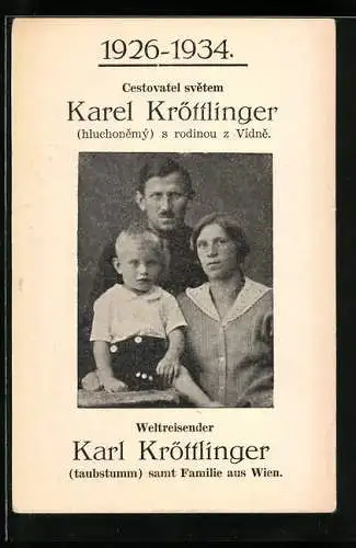 Vertreterkarte Wien, taubstummer Weltreisender Karl Kröttlinger samt seiner Familie, 1926-1934