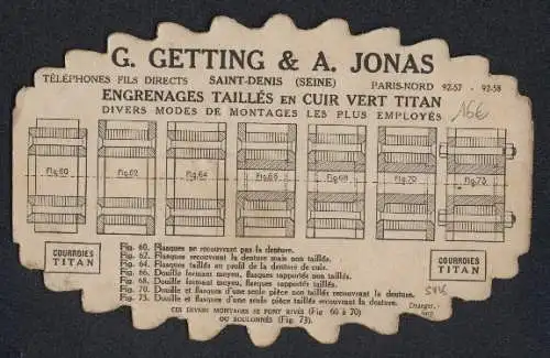 Vertreterkarte Saint-Denis, G. Getting & A. Jonas, Engenages Tailles en Cuir vert Titan