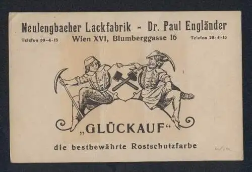 Vertreterkarte Wien, Neulenbacher Lachfabrik - Dr. Paul Engländer, Blumberggasse 16, Glück Auf