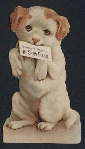 Vertreterkarte The Shaw Piano, Everybody`s Favorite, Hund mit Werbeschild im Maul