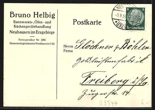 AK Neuhausen i. Erzgeb., Eisenwarenhandlung Bruno Helbig, Bahnhofstrasse 4, Korrespondenzkarte