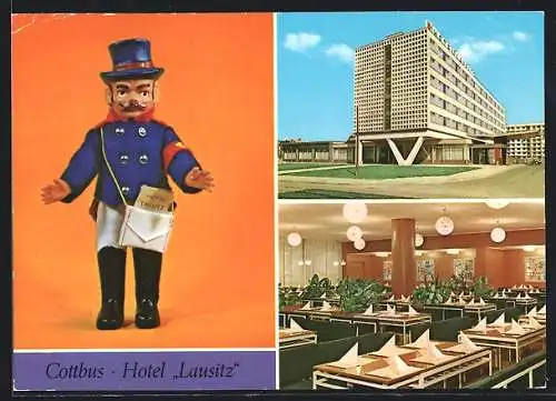 AK Cottbus, Hotel Lausitz mit Restaurant, Hotelier-Puppe