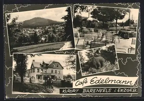 AK Bärenfels i. Erzgebirge, Café Edelmann mit Terrasse, Bärenstatue, Ortsansicht