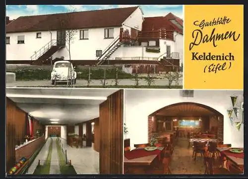 AK Keldenich /Eifel, Gaststätte Dahmen, Kegelbahn, VW-Käfer