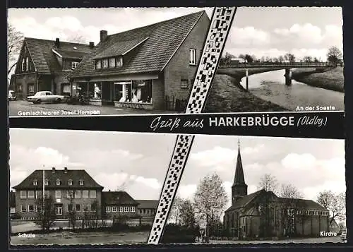 AK Harkebrügge /Oldbg., Gemischtwaren Josef Hempen, Schule, Kirche