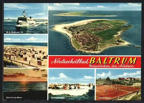 AK Baltrum /Nordsee, Fliegeraufnahme, Tennisplatz, Badestrand, Dampfer MS Baltrum IV