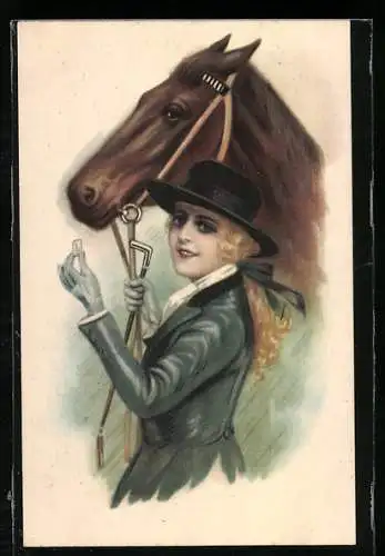 AK Elegante Reiterin mit Zuckerstück und Pferd
