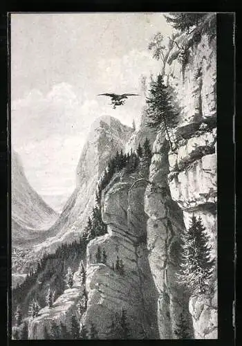 Künstler-AK Untersberg, Adlerfang am Untersberg, Adler mit Ziege in der Luft