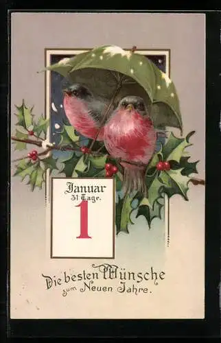 Künstler-AK Zwei Rotkehlchen mit Kalenderblatt 1. Januar