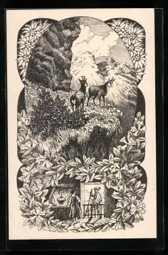 AK Bergziegen im Hochgebirge, Wanderer beim Aufbruch