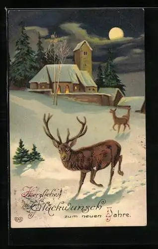 AK Hirsch vor beleuchteter Kirche bei Vollmond, Neujahrsgruss