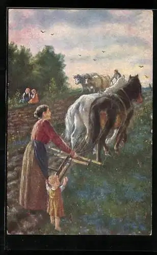 AK Bäuerin und Kind beim Pflügen