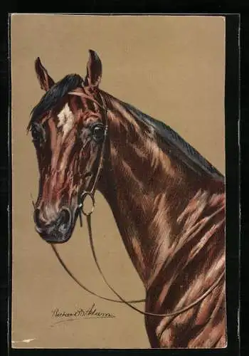 Künstler-AK Braunes Pferd mit Zaumzeug