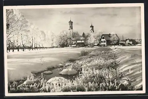 AK Isny i. Allgäu, Ortspartie mit Kirche im Schnee