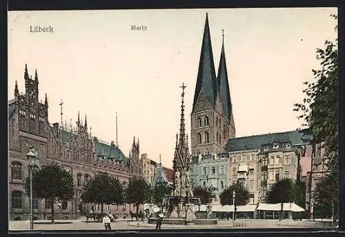 AK Lübeck, Markt mit Kirche und Brunnen