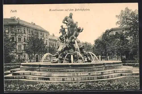 AK Fürth, Kunstbrunnen auf dem Bahnhofsplatz