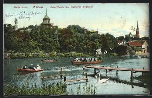 AK Halle-Cröllwitz, Bergschänke mit Bismarck-Denkmal, Ruderboote, Schwäne