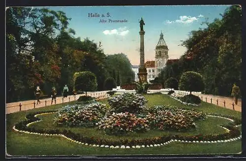 AK Halle a. S., Alte Promenade mit Denkmal