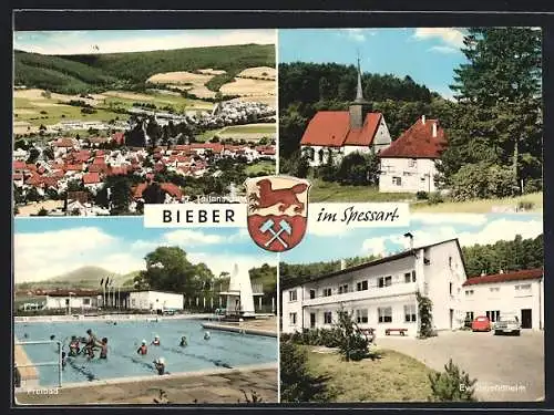 AK Bieber im Spessart, Ev. Jugendheim, Freibad, Kapelle, Ortsansicht