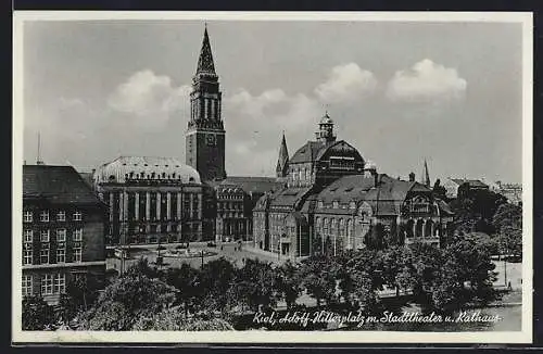 AK Kiel, platz mit Stadttheater und Rathaus