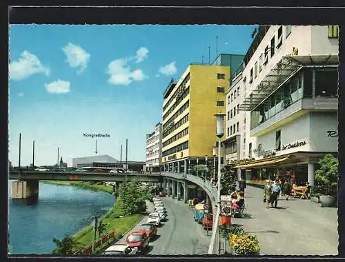 AK Saarbrücken, Partie auf der Berliner Promenade mit Blick nach der Kongresshalle