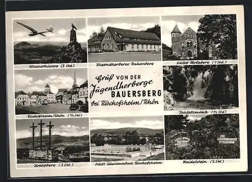 AK Bischofsheim /Rhön, Jugendherberge Bauersberg, Schloss Holzberg, Kreuzberg, Städt. Schwimmbad, Heidelstein