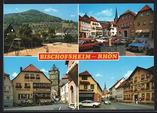 AK Bischofsheim / Rhön, Gasthof zur Rhönlust, Café-Bäckerei Aldeutsche Weinstube, Sparkasse, Spielplatz