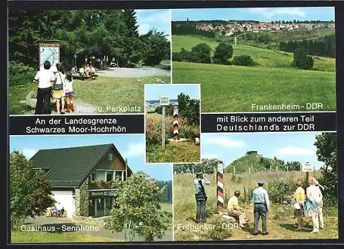AK Schwarzes Moor-Hochrhön, DDR-Erdbunker, Gasthaus Sennhütte, Grenzsäule, Frankenheim, Blick zum Ort