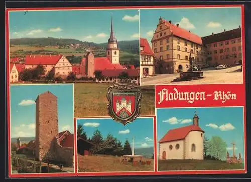 AK Fladungen /Rhön, Rathaus, alter Turm, Kapelle, Teilansicht mit Kirche