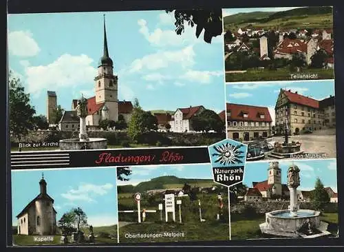 AK Fladungen /Rhön, Blick zur Kirche, Rhön-Museum, Kapelle, Oberfladungen-Melpers, Brunnen