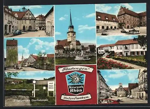 AK Fladungen /Unterfranken, Textilhaus und Fahrschule, Kirche, Rhön-Museum, Schule, Zonengrenze b. Oberfladungen
