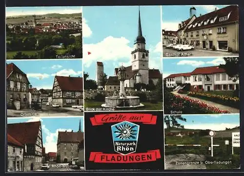 AK Fladungen, Gasthof Adler, Kirche, Rhön-Museum, Zonengrenze bei Oberfladungen, Teilansicht