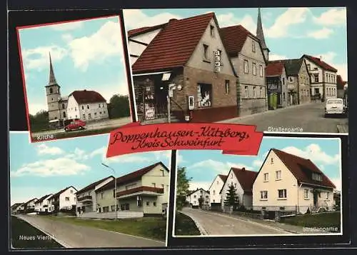 AK Poppenhausen-Kützberg, zwei Strassenpartien, Kirche und Neues Viertel