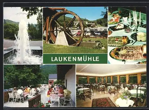 AK Lorch am Rhein, Speiserestaurant und Café Laukenmühle, mit Mühlrad, Buffet, Speisesaal und Terrasse