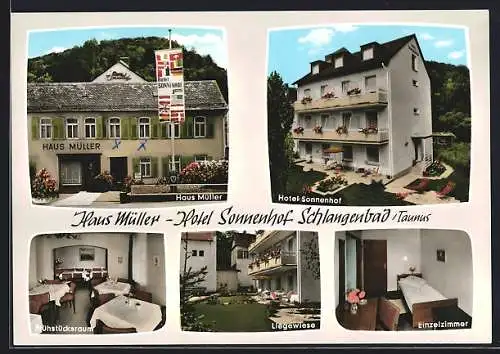 AK Schlangenbad /Taunus, Das Hotel Sonnenhof mit dem Haus Müller, Frühstücksraum, Liegewiese, Einzelzimmer, Mühlstr. 17