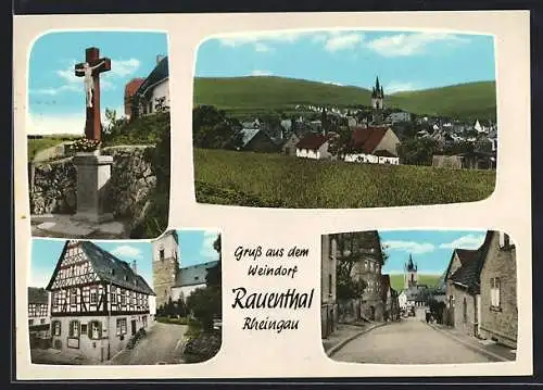 AK Rauenthal /Rheingau, Wegkreuz, Blick zur Kirche, Strassenpartie, Ortsansicht