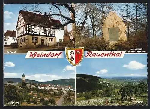 AK Rauenthal /Rheingau, Rathaus, Gedenkstein Bubenhäuserhöhe, Rheinblick