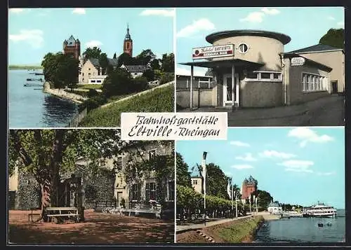 AK Eltville /Rheingau, Die Bahnhofsgaststätte, Inh. M. Zeuner, die Burg, Platzpartie