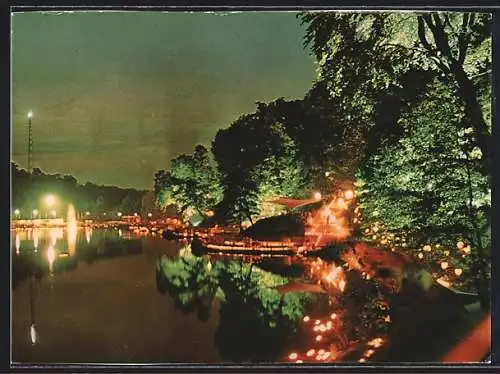 AK Saarbrücken, Deutsch-Französische Gartenschau 1960, Grosses Lichtfest am Deutschmühlenweiher