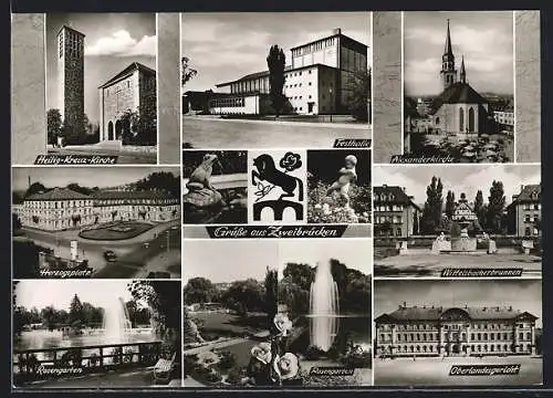 AK Zweibrücken /Pfalz, Festhalle, Heilig-Kreuz-Kirche, Alexanderkirche, Herzogsplatz, Oberlandesgericht, Rosengarten