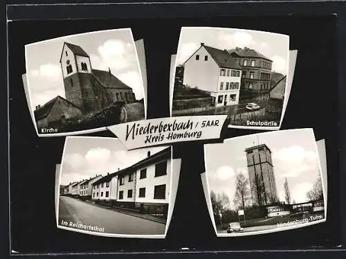 AK Niederbexbach /Saar, Kirche, Schule, im Reichartsthal, Hindenburg-Turm