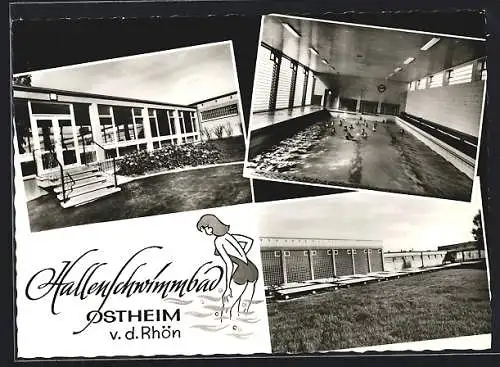 AK Ostheim v. d. Rhön, Das Hallenschwimmbad, Innen- und Aussenansicht