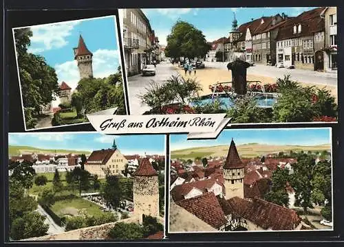 AK Ostheim /Rhön, Die Burg, Brunnen an der Promenade