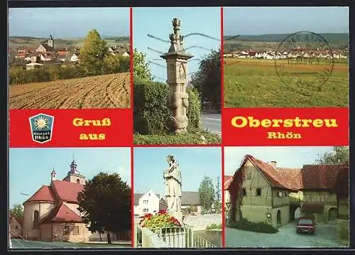 AK Oberstreu /Rhön, Denkmal, Kirche, Heiligenfigur, Altes Fachwerkhaus