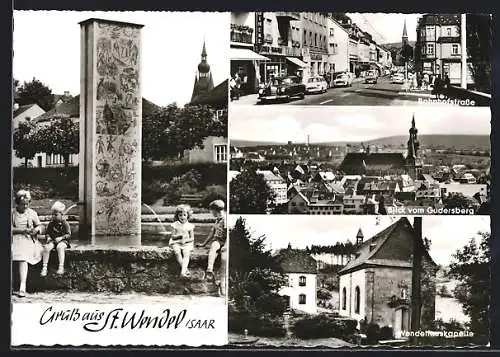 AK St. Wendel /Saar, Bahnhofstrasse, Wendelinuskapelle, Brunnen, Ortsansicht vom Gudersberg