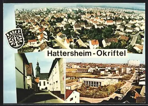 AK Hattersheim-Okriftel, Strassenpartie mit Blick zur Kirche, Ortsansicht aus der Vogelschau
