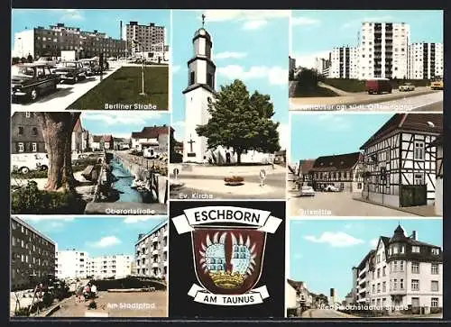 AK Eschborn am Taunus, Berliner Strasse, Hochhäuser, Ortsmitte mit Fachwerkshäusern